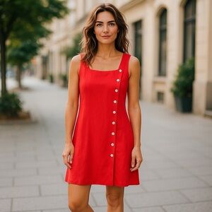 Speigle vintage red linen breathable blend button square neck pencil dress SZ-4